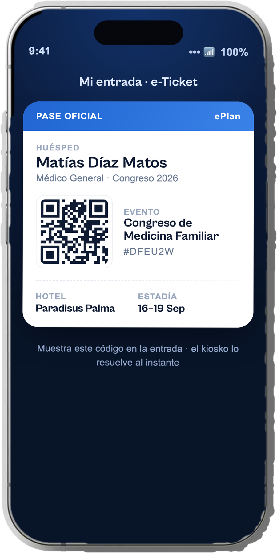 App móvil de ePlan — e-ticket con código QR
